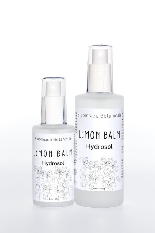 Two bottles of Lemon Balm Hydrosol from Bloomside Botanicals on a white background