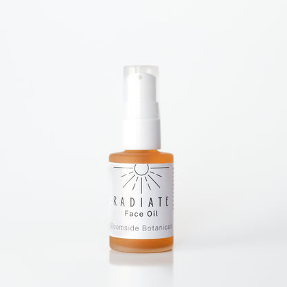 A bottle of Radiate Face Oil with a white pump dispenser. The label includes the brand name 'RADIATE' and the product name 'Face Oil'.