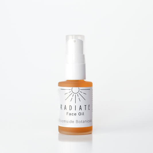 A bottle of Radiate Face Oil with a white pump dispenser. The label includes the brand name 'RADIATE' and the product name 'Face Oil'.